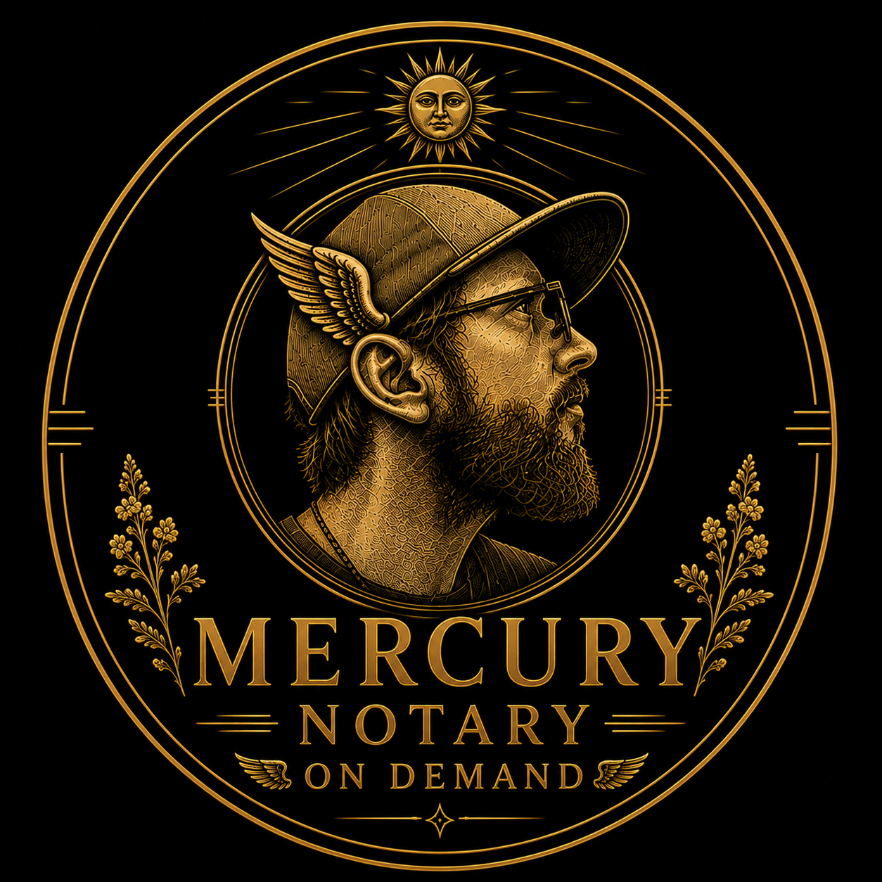 Black and gold Mercury Notary emblem
